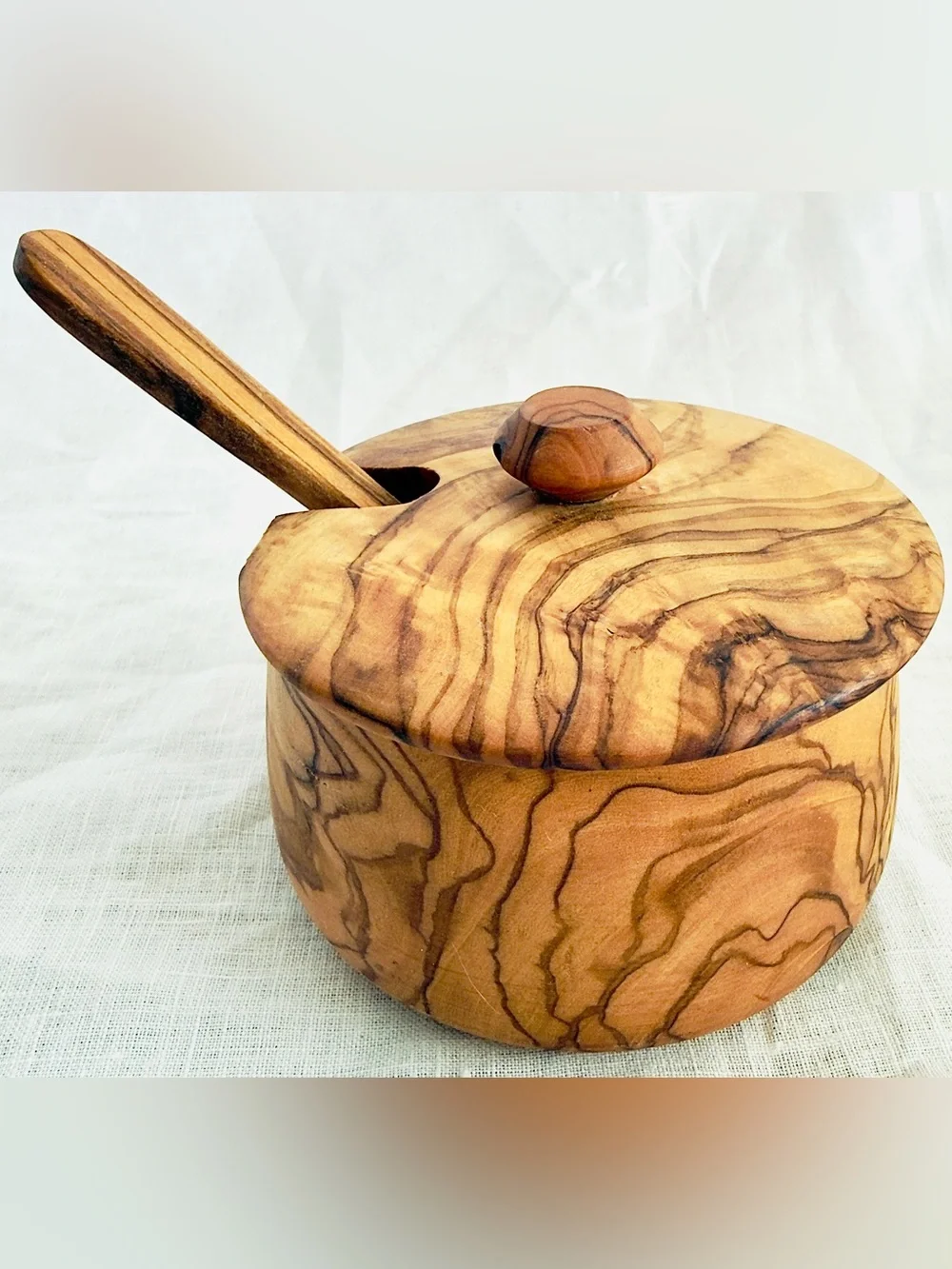 Hand-carved Italian Olivewood 7 oz Sugar Bowl & Spoon Set, Original Retail $59